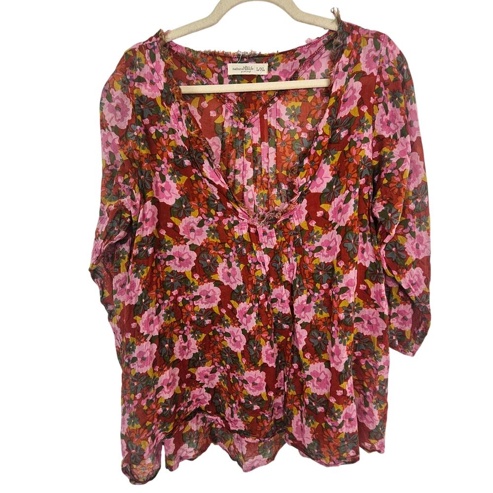 Natural Life Womens Floral Pintuck Tunic Top L/XL Cottagecore Frayed Edges Boho